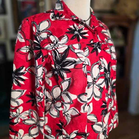 Vintage 90s Brooke Coleman Red Floral Button Front Long Sleeve Hawaiian Jacket - Picture 7 of 8